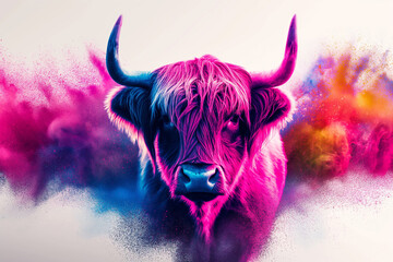A cow with pink and purple horns. The cow is surrounded by a colorful explosion of dust, giving the impression of a wild and chaotic scene. highland cow, whole body, white background