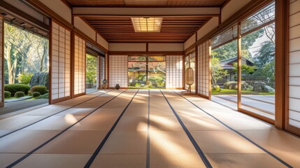 A wide-angle raw photograph of the ancient Japanese interior bathed in soft,