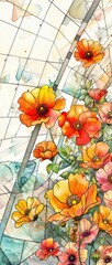 Colorful watercolor painting of vibrant flowers against geometric glass background. Perfect for nature, art, and floral themes.