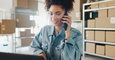 Small business, smile and woman with phone call, retail and boxes of ecommerce, notification and...