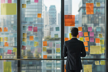 Businessperson Planning, Looking At Colourful Sticky Notes On A Glass Wall, Windows, Back View, Tablet, Strategic, Teamwork