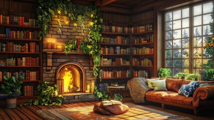 Cozy living room with fireplace and books