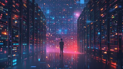 Fototapeta premium Data warehousing and file collection in servers retro tiny person concep