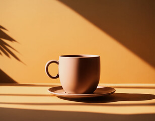 Obraz premium A brown coffee cup and saucer sit on a table against a warm brown background. A shadow from a plant frond falls across the background.