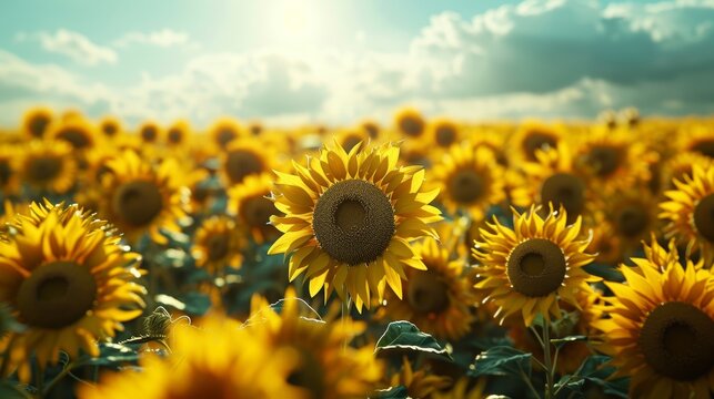 Realistic Photograph of a sunflower field, Scean shot, lush yellow field