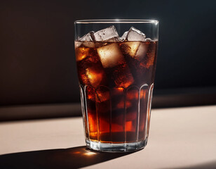 A glass of cola with ice cubes.

