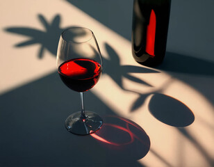 A glass of red wine and a bottle of wine are sitting on a table. The shadows of leaves are being cast on the table.

