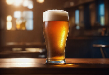 A glass of beer on a bar counter.

