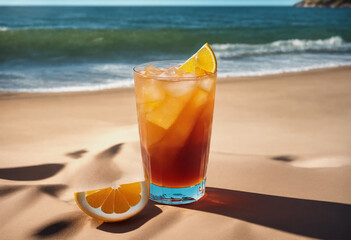A tall glass on ice with an orange slice sits on the beach with the ocean in the background.

