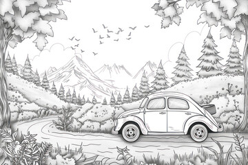 Obraz premium Car running and background beautiful nature, colouring page.