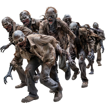 Terrifying group of zombies with gruesome makeup aggressively moving forward