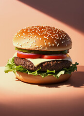 A cheeseburger with sesame seed bun, lettuce, tomato, and cheese.

