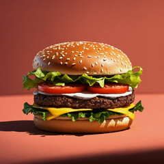 This is a photo of a cheeseburger with lettuce and tomato on a sesame seed bun.

