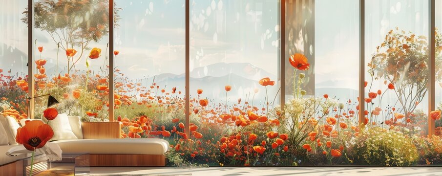 Fototapeta Bright, sunny room with a large window view of a beautiful garden filled with orange flowers and lush greenery.