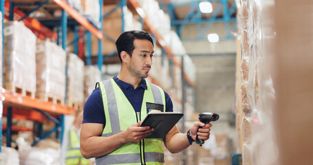 Logistics, man and tablet in warehouse with scanning, stock and price for quality control in supply...