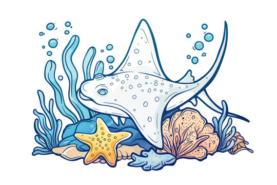 recommend clip art: Stingray cartoon with fishes and starfish undersea, marine life element, coloring book.