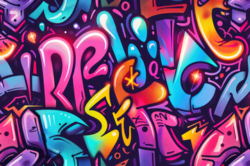 Seamless urban typography hipster street art graffiti wall slogan pattern with neon color.