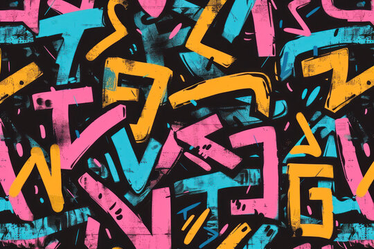 Seamless urban typography hipster street art graffiti wall slogan pattern with neon color.