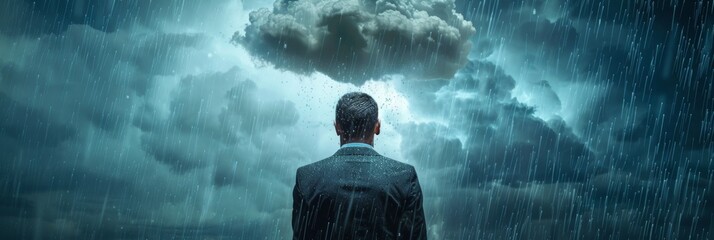 Businessman, standing under rain, pessimistic man under cloud, sad business man, unlucky, misfortune