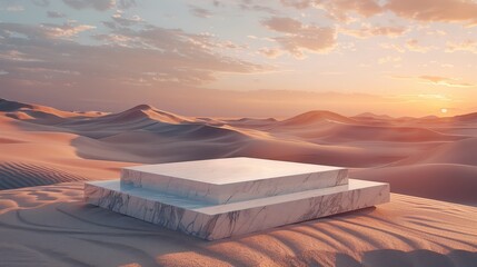 Isolated marble podium on pristine sand dunes, bathed in the ethereal light of a desert sunset, highlighting its simplicity
