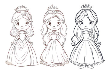 Fototapeta premium Princess coloring book, outlines sketch. Line art of little princess, coloring book page.