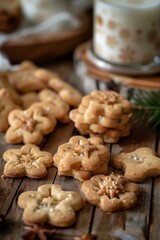 Nut cookies, walnut biscuits, butter cookies, crackers pile in shape of flowers, snowflakes, stars, round shortbread