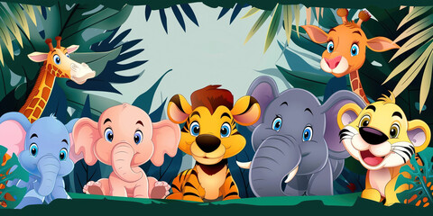 animals in the jungle, kids cartoon style