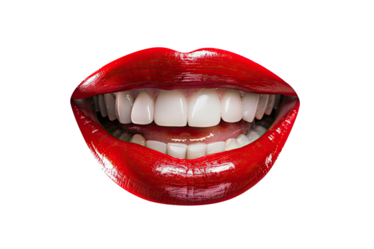 Close-up of a smiling mouth with bright red lipstick. The teeth are white and perfect. The lips are full and glossy.