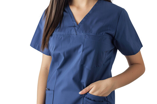 A woman in a blue medical scrub top with her hand in her pocket.