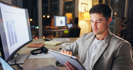 Fototapeta premium Businessman, working and night office with tablet, statistical analyst and analyzing project or sales report on computer. Online, graphs and internet research, overtime and email stats in workplace