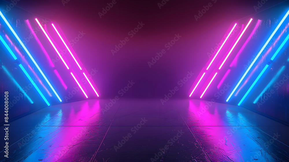 Poster 3d render, abstract minimalist geometric background. two counter neon arrows approaching each other.