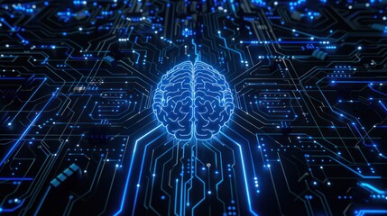 A digital brain illuminated on a circuit board