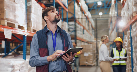 Logistics, distribution and man with tablet in warehouse for stock inspection, inventory check or...