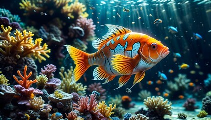 Obraz premium This is a vibrant and colorful underwater scene featuring a clownfish swimming amidst a variety of tropical fish and coral.