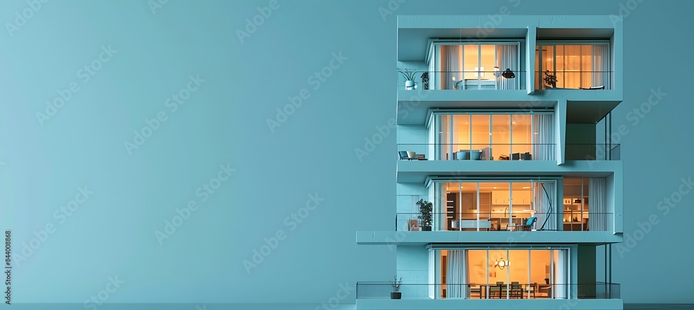 Poster a construction website banner highlighting a modern apartment building with open space for your logo