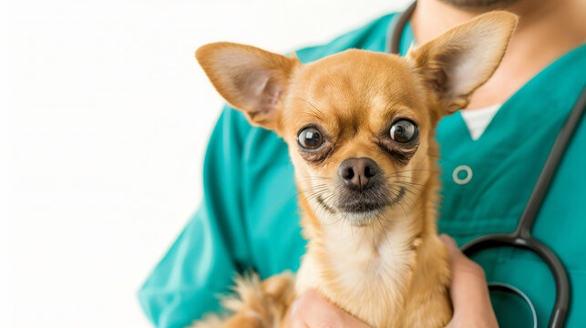 Veterinarian holding a chihuahua dog on white background, space for text. Pet care and professional veterinary services