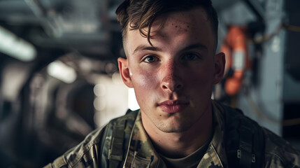 A photo of an American soldier in the interior of his ship. He is wearing camouflage and looks into the camera with a serious expression on his face 