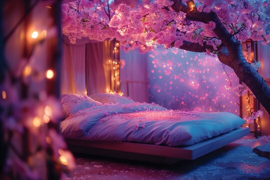 A bed nestled under a canopy of purple flowers, illuminated by soft string lights