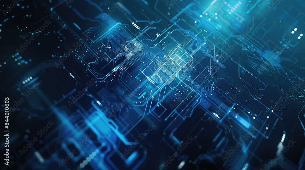 Poster the image is of a circuit board with blue lights. the image is very detailed and looks like a real c