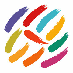 Obraz premium Multicolored brush stroke set. Paintbrush print stripes, stains. Lipstick, marker mark texture. Multicolored. Paint brush, brush stroke ink. Vector multicolor brushstroke isolated on white background