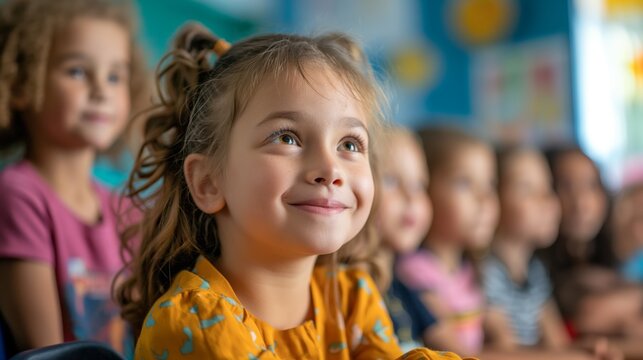 Young student in a classroom eager to learn / happy little blonde girl