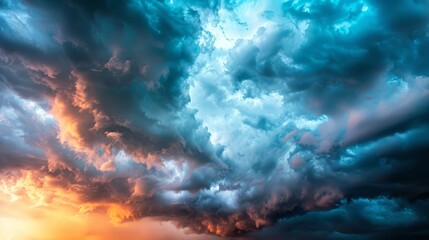 Powerful sky scene with dark, turbulent clouds and dramatic lighting, setting the stage for an impending storm