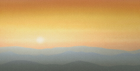 Brushstrokes of warm oranges, yellows, and pinks blend harmoniously in a painting depicting a breathtaking sunset over a rugged mountain range.