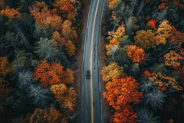 Fototapeta premium Aerial View of Car on Autumn Forest Road