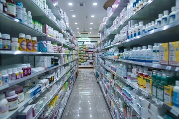 Well-stocked pharmacy aisle with medicine shelves