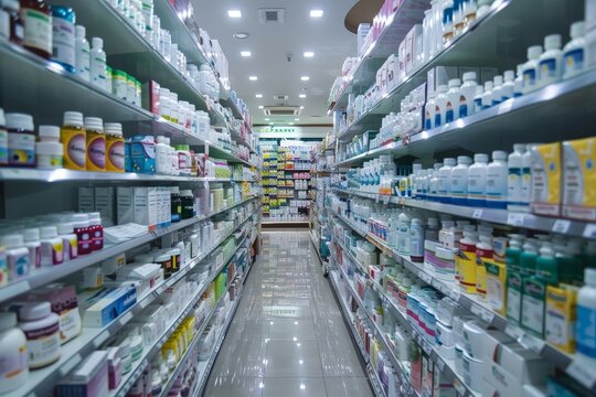 Well-stocked pharmacy aisle with medicine shelves