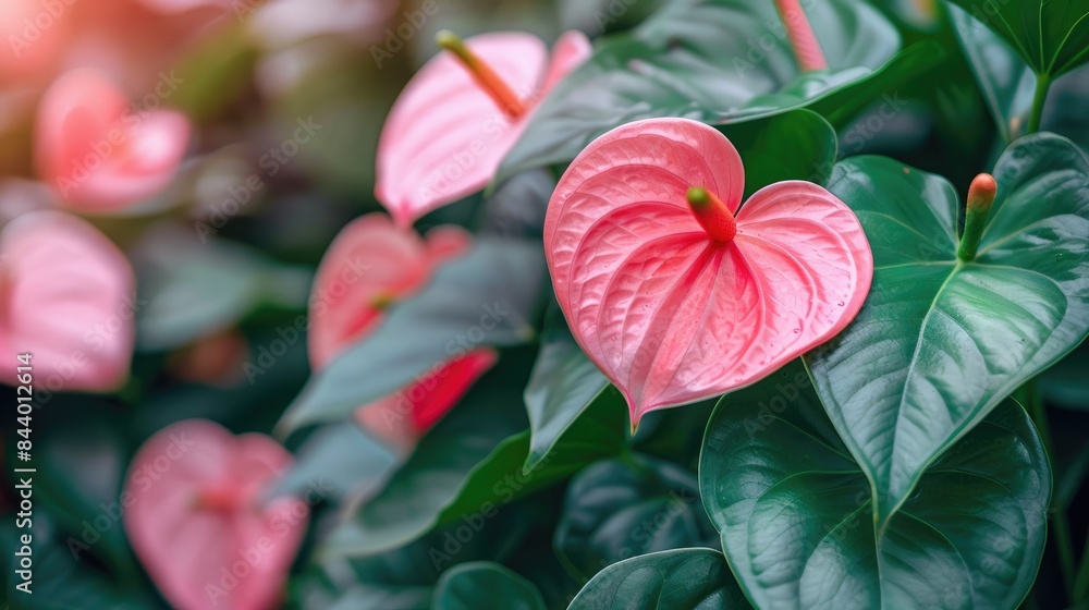 Sticker Pink Anthurium Texture Lovely Pink Flower and Green Leaf in Heart shaped Plants Blossoming in Park for Background and Wallpaper