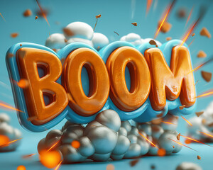 Orange and blue boom text on a blue background in a comic like style and 3d letters