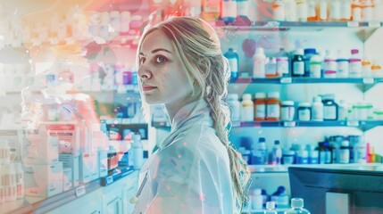 Serious female pharmacist wearing lab coat looking at camera in pharmacy - Powered by Adobe