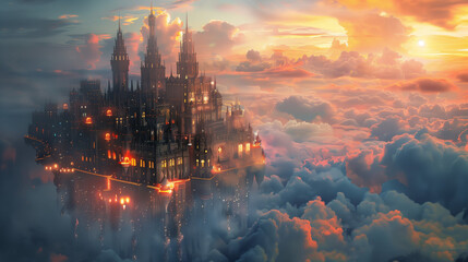  floating castle in the clouds with glowing lights at sunset, breath taking
